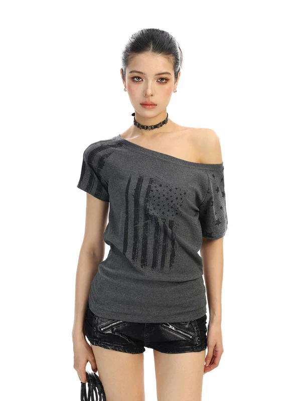 Off-Shoulder Flag Print Short Sleeve Top - Image 4