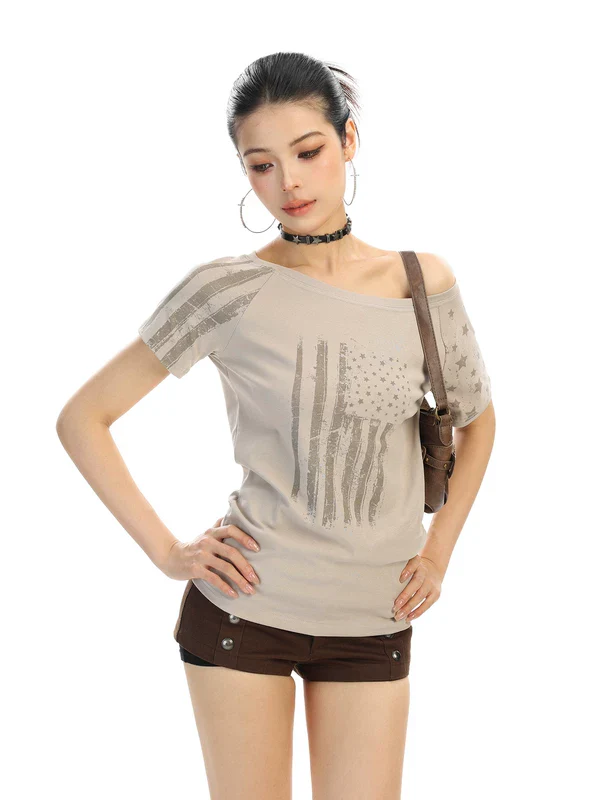 Off-Shoulder Flag Print Short Sleeve Top - Image 5