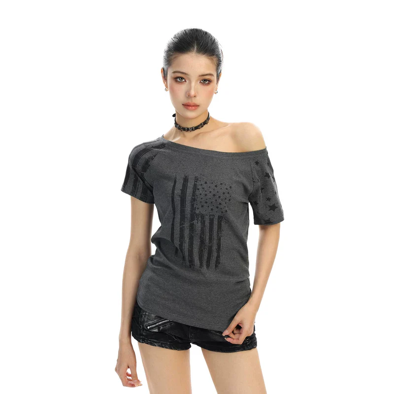 Off-Shoulder Flag Print Short Sleeve Top - Image 6