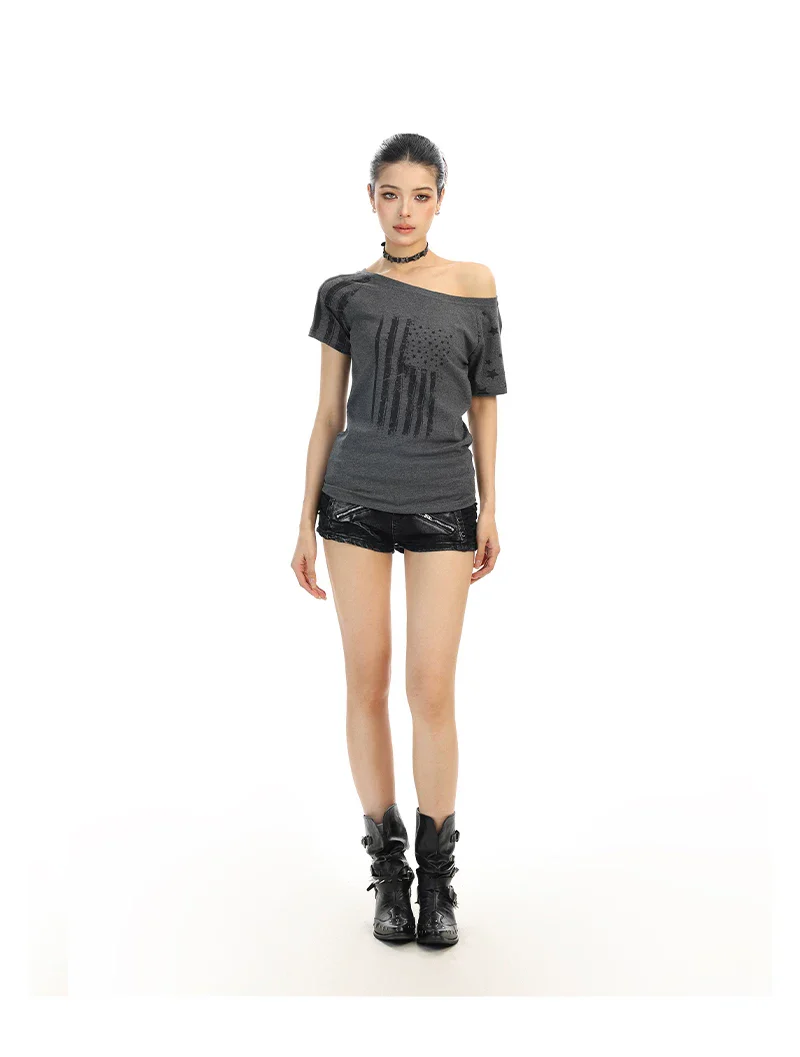 Off-Shoulder Flag Print Short Sleeve Top - Image 7
