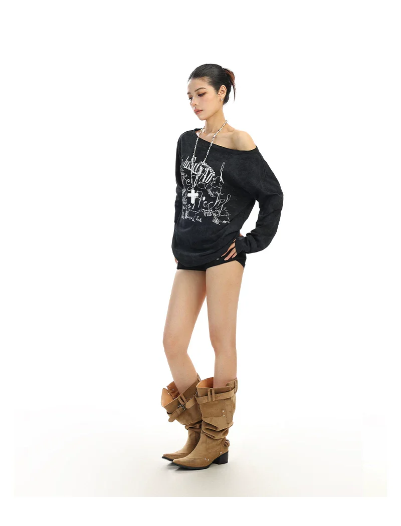 Off-Shoulder Graphic Long Sleeve Top - Image 8