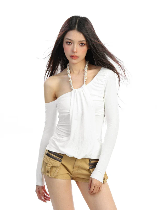 Off-Shoulder Halter Neck Long Sleeve Top - Image 4