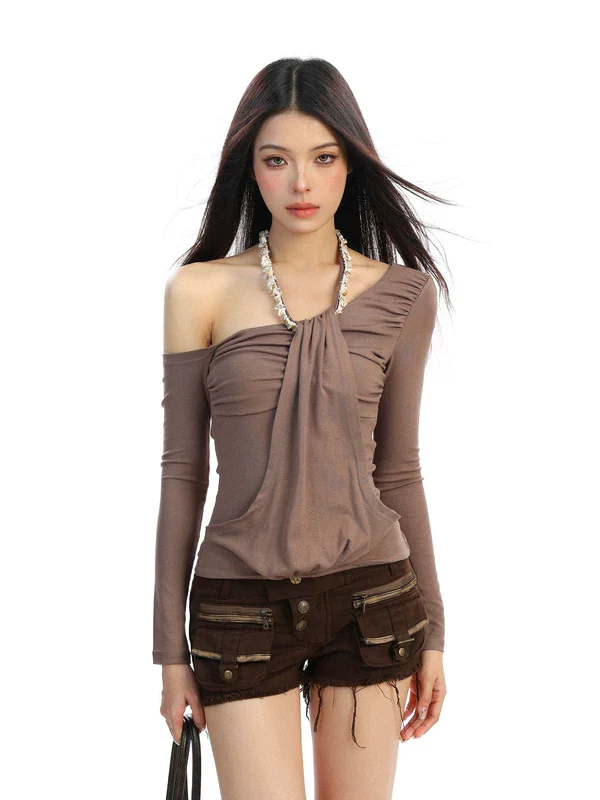 Off-Shoulder Halter Neck Long Sleeve Top - Image 5