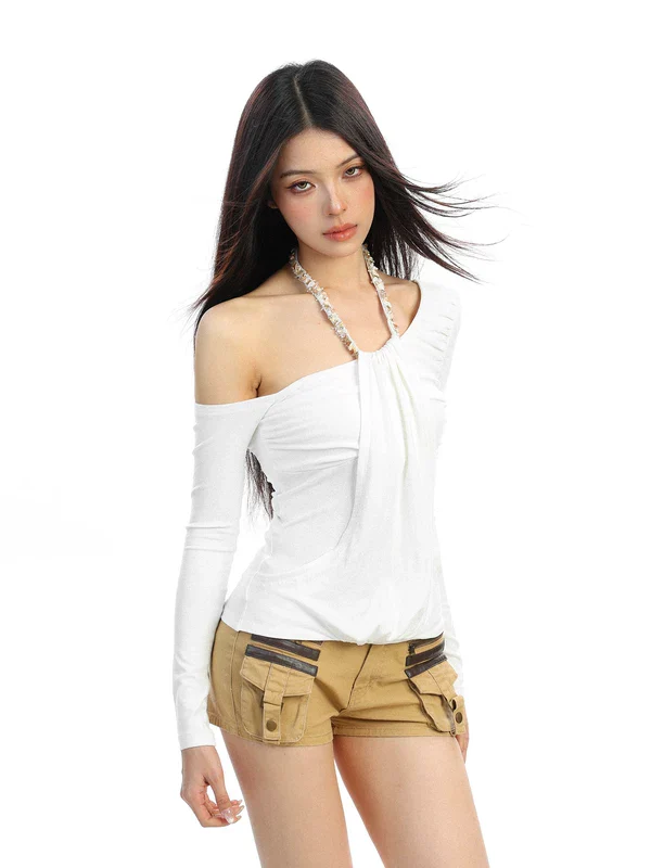 Off-Shoulder Halter Neck Long Sleeve Top - Image 6