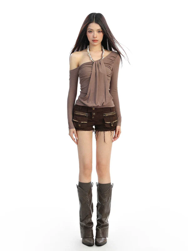 Off-Shoulder Halter Neck Long Sleeve Top - Image 7