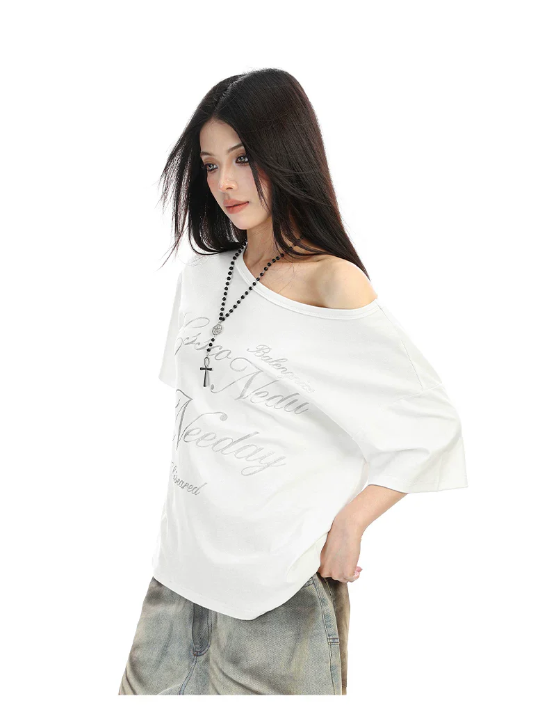 Off Shoulder Letter Print Loose T-Shirt - Image 3