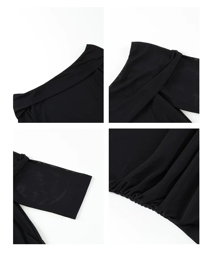 Off-Shoulder Mesh Panel Slim Fit Top - Image 11