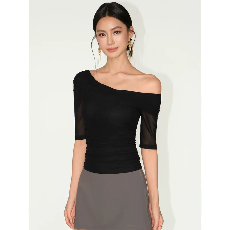 Off-Shoulder Mesh Panel Slim Fit Top - Image 2