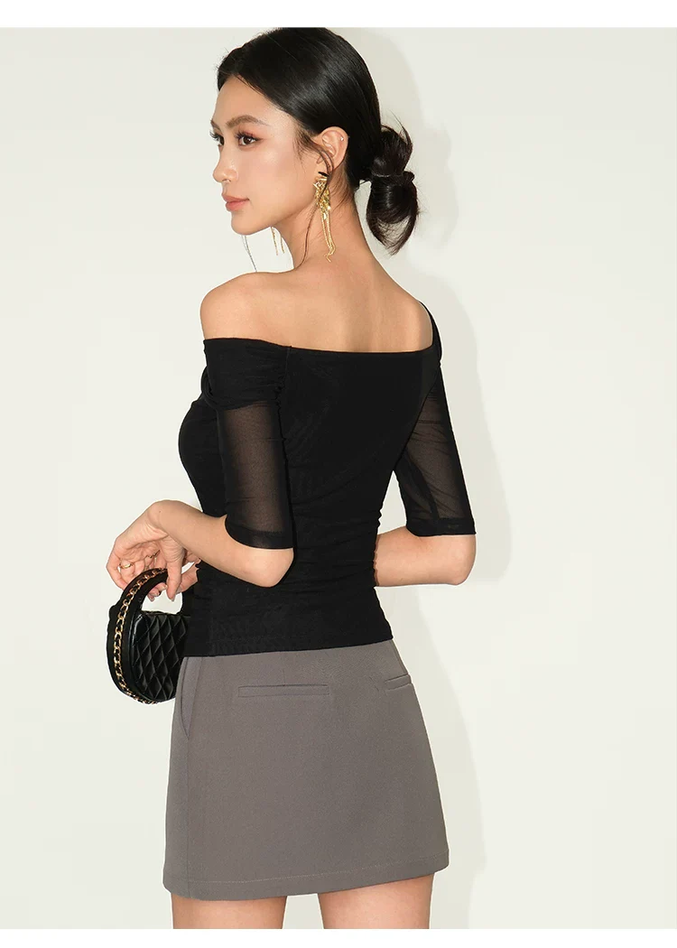 Off-Shoulder Mesh Panel Slim Fit Top - Image 8