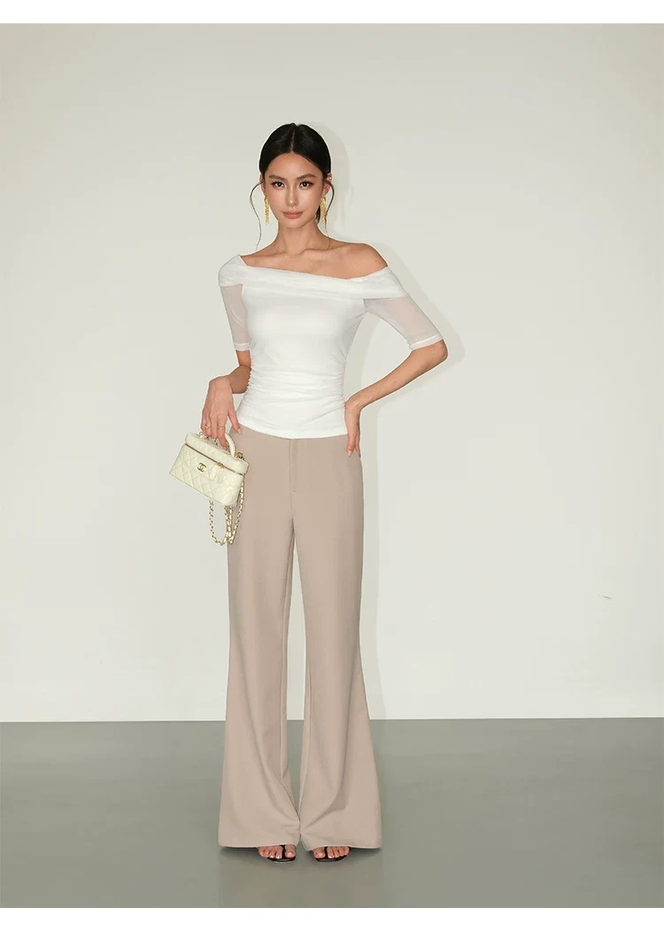 Off-Shoulder Mesh Panel Slim Fit Top - Image 9