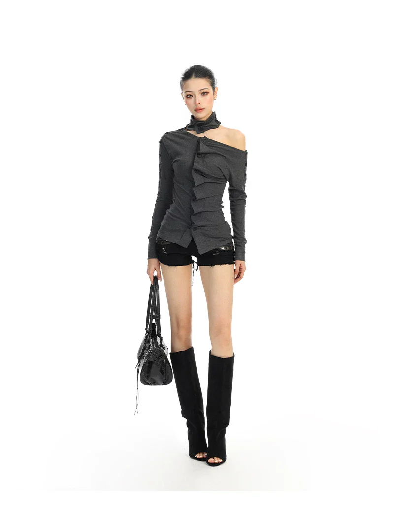 Off-Shoulder Pleated Long-Sleeve Pullover