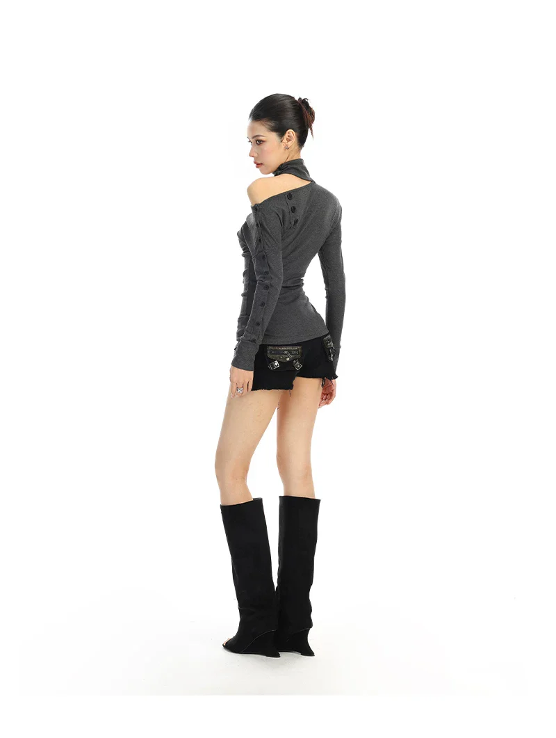 Off-Shoulder Pleated Long-Sleeve Pullover - Image 3