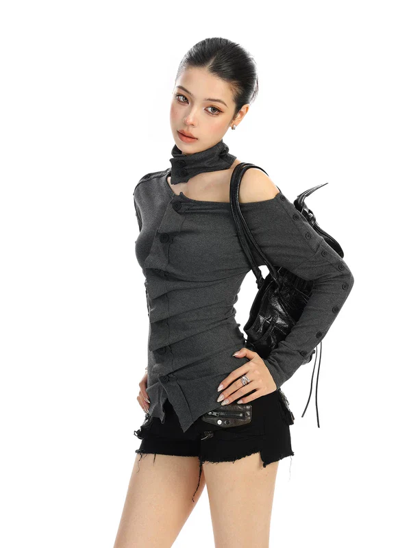 Off-Shoulder Pleated Long-Sleeve Pullover - Image 5