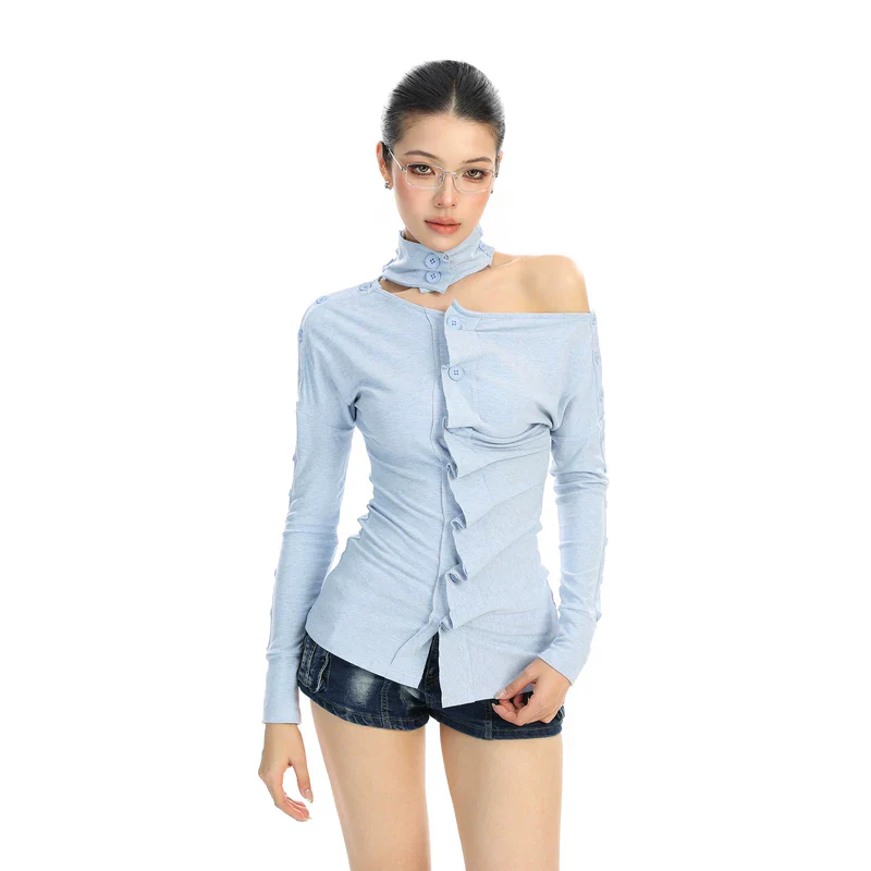 Off-Shoulder Pleated Long-Sleeve Pullover - Image 7