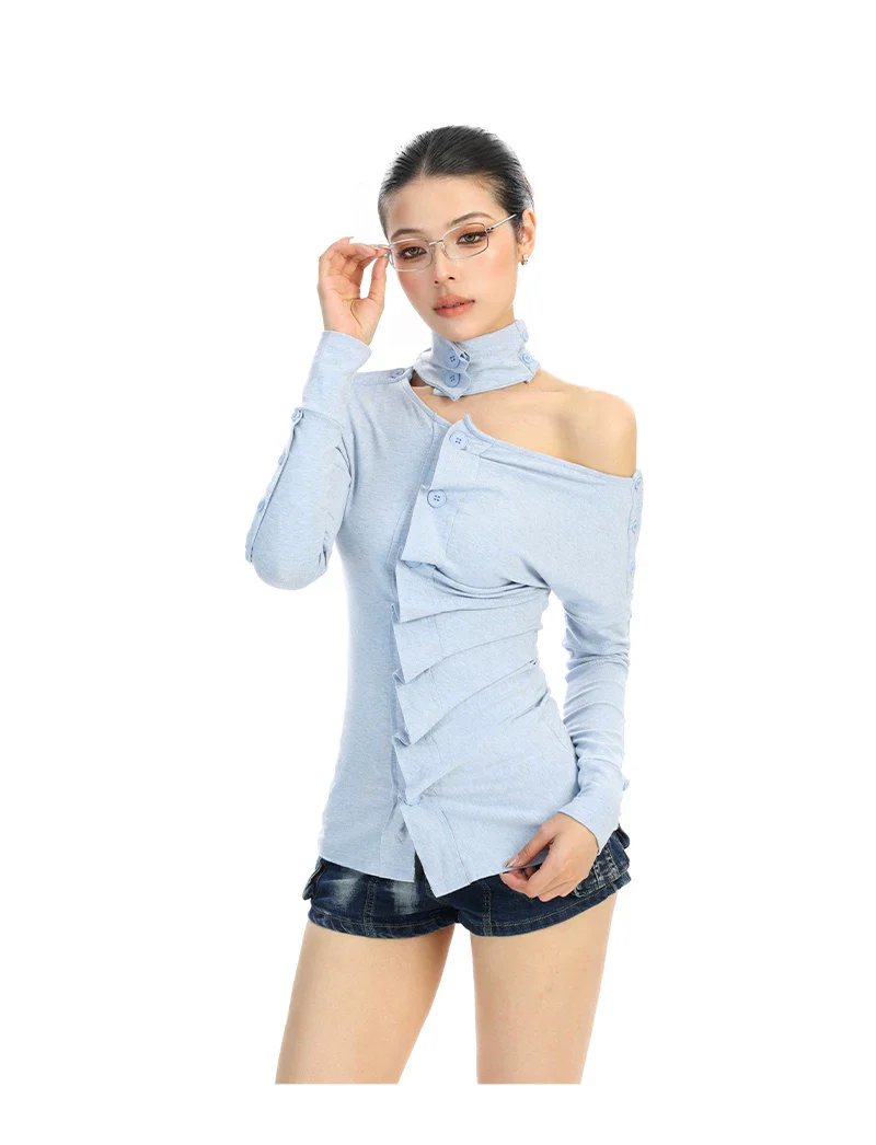 Off-Shoulder Pleated Long-Sleeve Pullover - Image 9