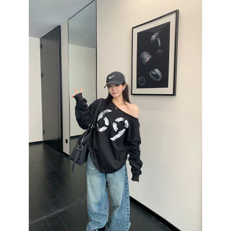 Off-Shoulder Graphic Sweatshirt