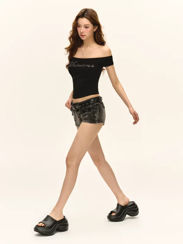 Off-Shoulder Rhinestone Lettering Top - Image 7