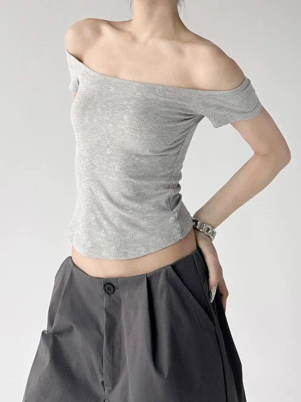 Off-Shoulder Ribbed Short Sleeve T-Shirt - Image 3