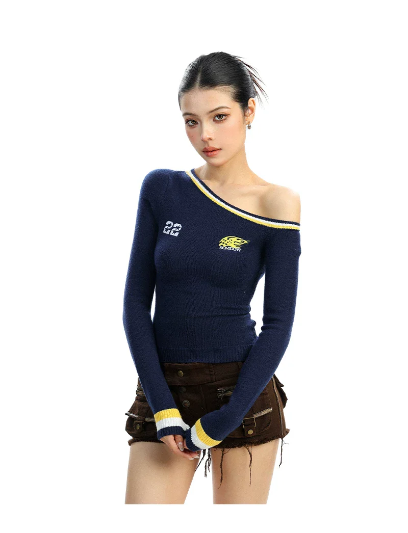 Off-Shoulder Sporty Knit Sweater - Image 5