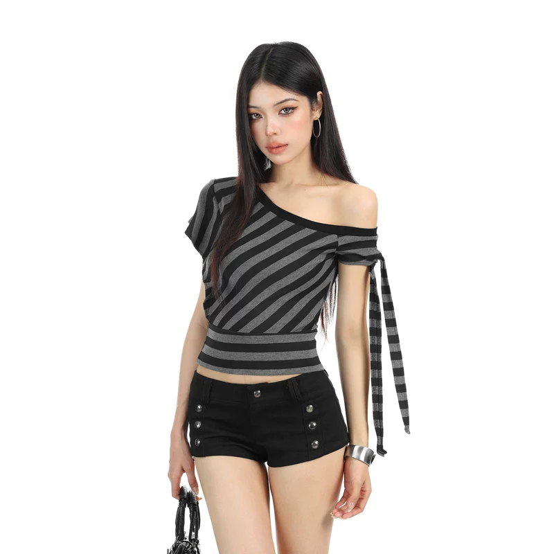 Off-Shoulder Striped Short Sleeve Crop Top