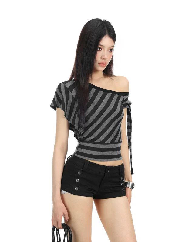 Off-Shoulder Striped Short Sleeve Crop Top - Image 3