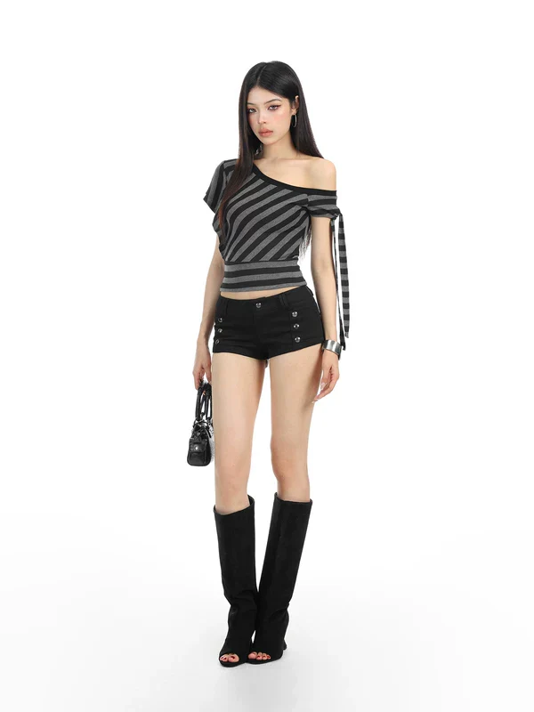 Off-Shoulder Striped Short Sleeve Crop Top - Image 5