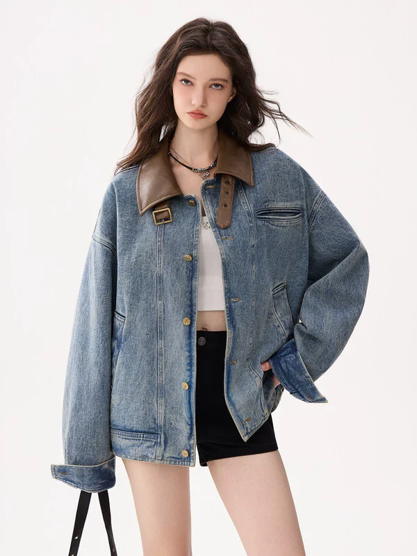 Leather Collar Oversized Denim Jacket