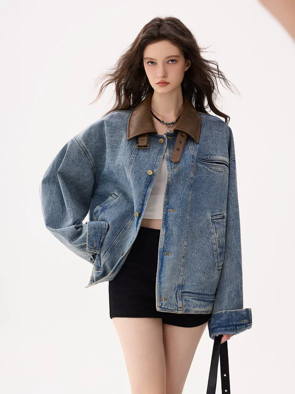Leather Collar Oversized Denim Jacket - Image 2