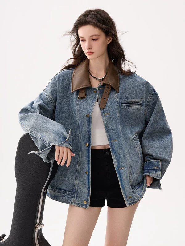 Leather Collar Oversized Denim Jacket - Image 3