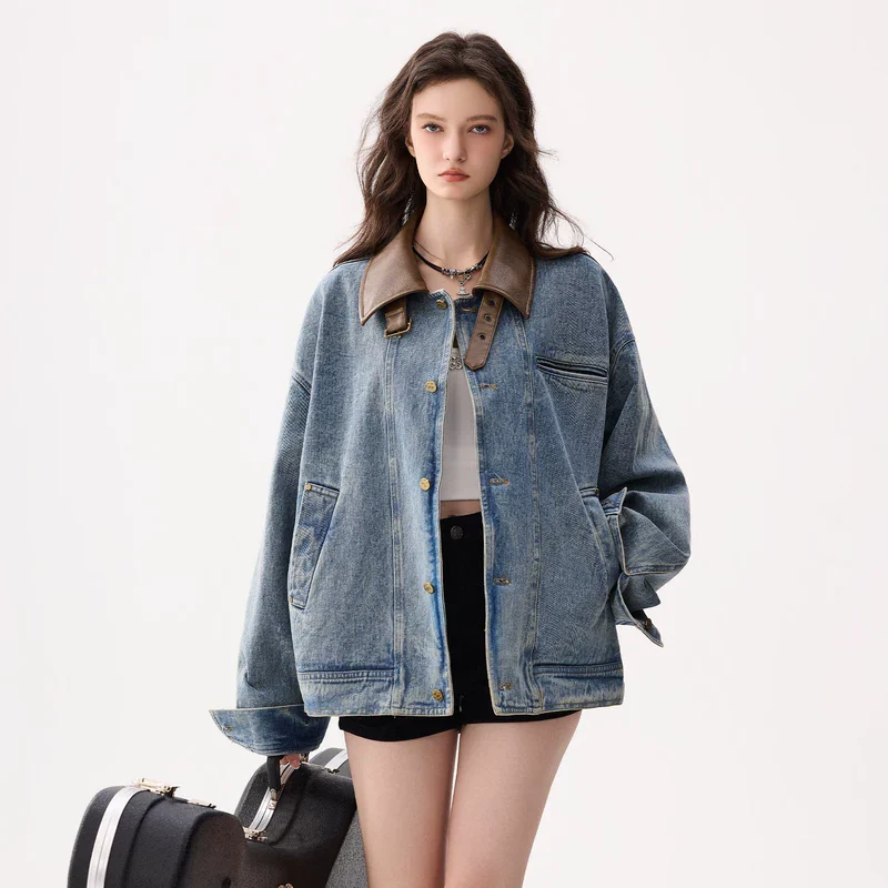 Leather Collar Oversized Denim Jacket - Image 4
