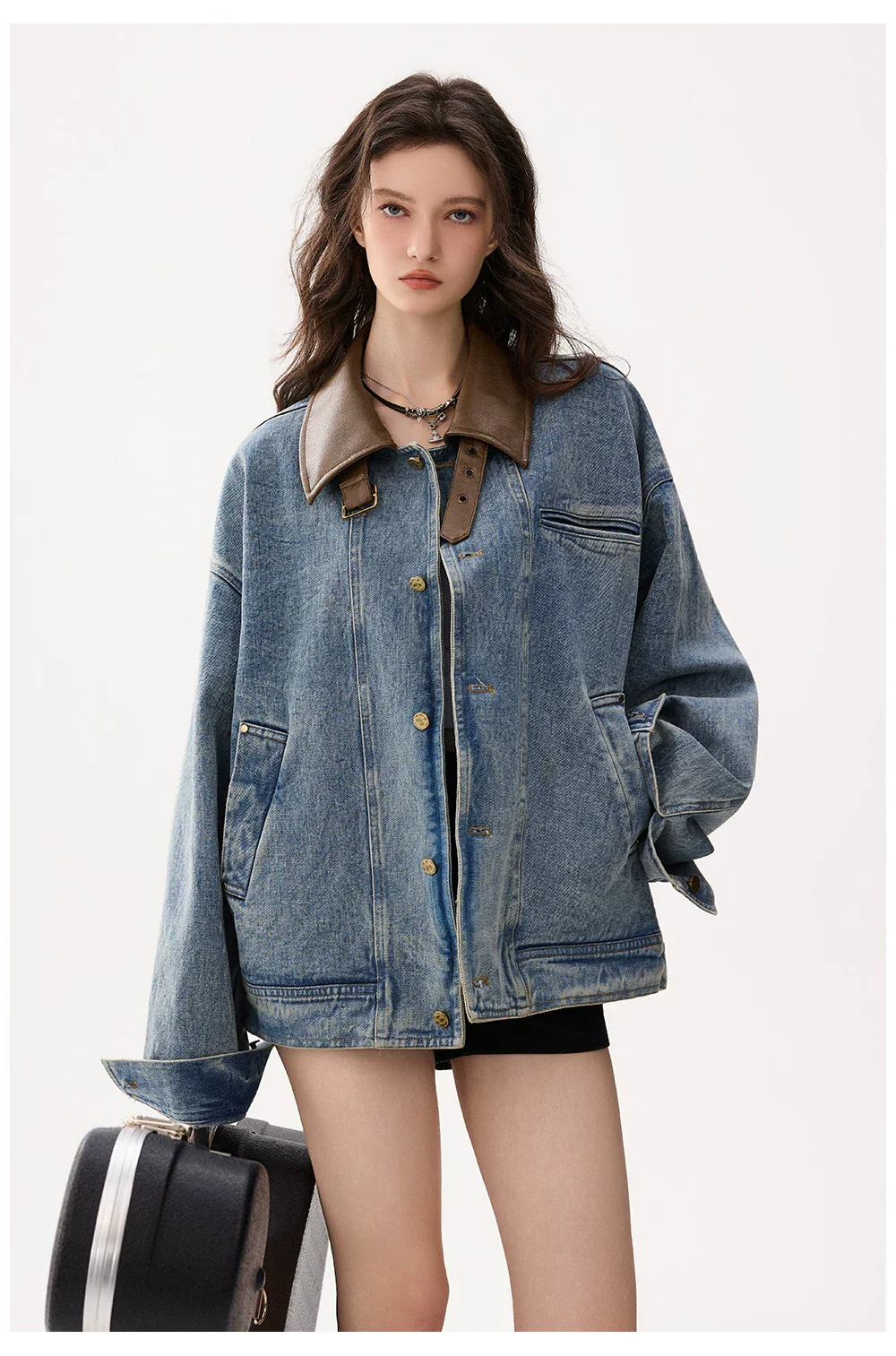Leather Collar Oversized Denim Jacket - Image 6