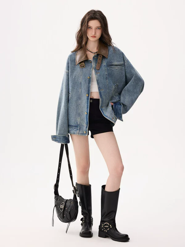 Leather Collar Oversized Denim Jacket - Image 7