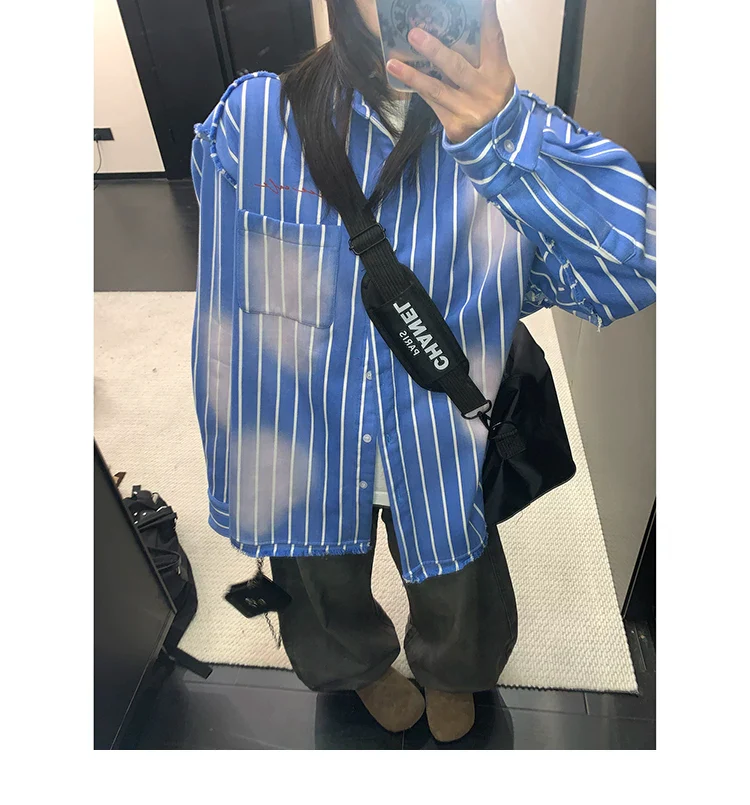 Oversized Distressed Striped Jacket - Image 5