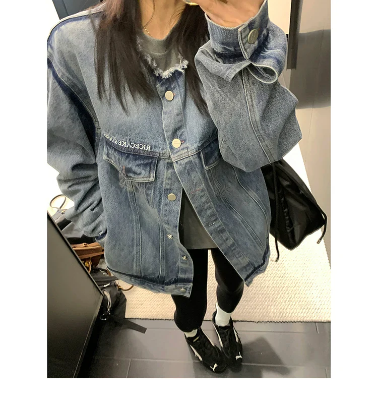 Oversized Distressed Washed Denim Jacket - Image 6