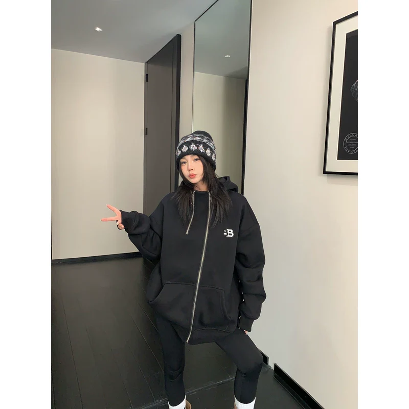 Oversized Double Zipper Hooded Jacket - Image 4