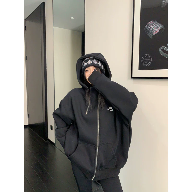 Oversized Double Zipper Hooded Jacket - Image 5
