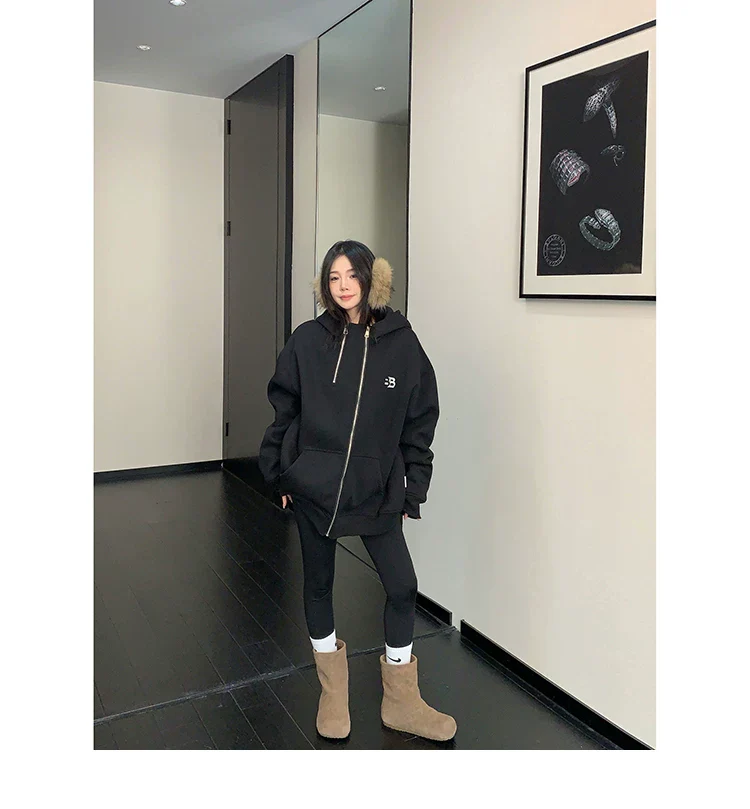Oversized Double Zipper Hooded Jacket - Image 7