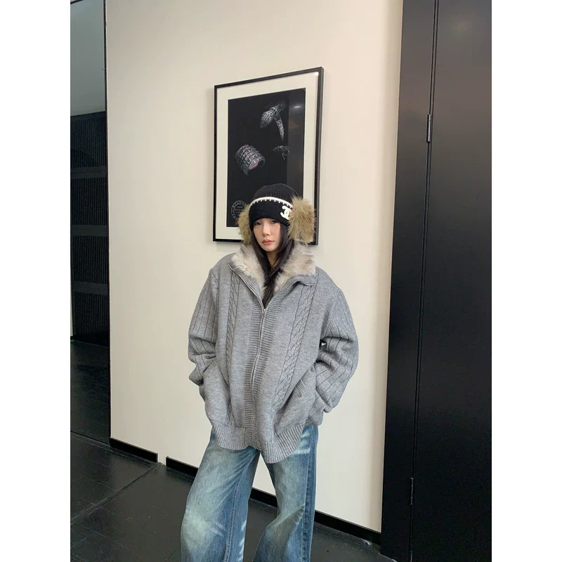 Oversized Fur Lined Cable Knit Cardigan - Image 3