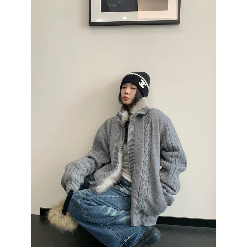 Oversized Fur Lined Cable Knit Cardigan - Image 4