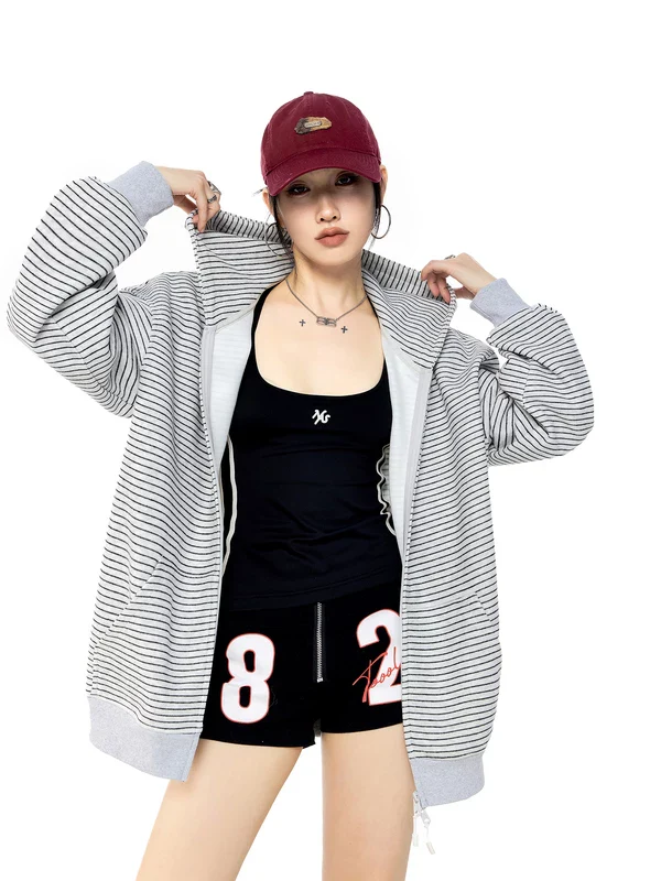 Oversized Hooded Striped Zip Sweatshirt - Image 2