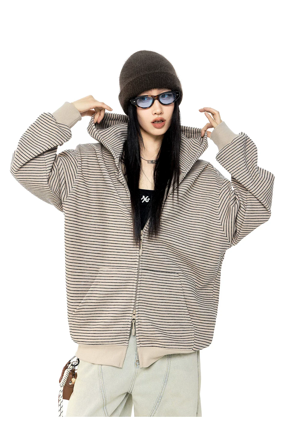 Oversized Hooded Striped Zip Sweatshirt - Image 5