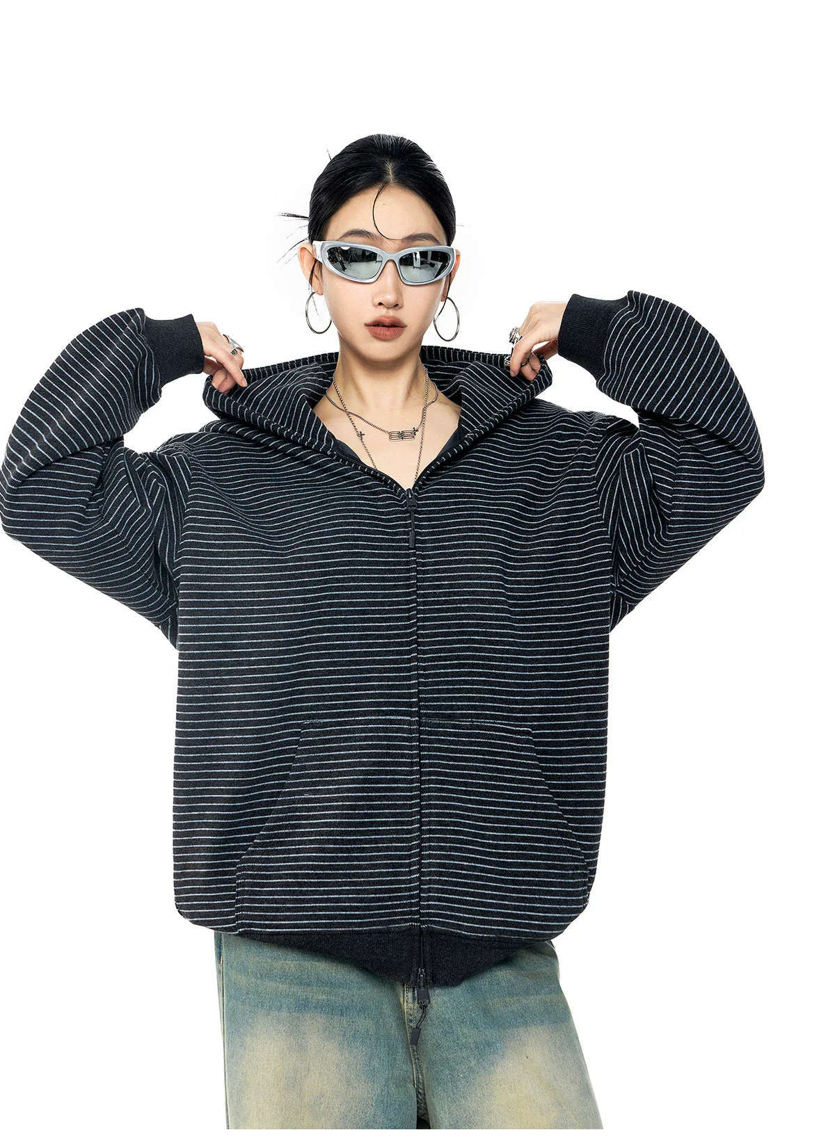 Oversized Hooded Striped Zip Sweatshirt - Image 7