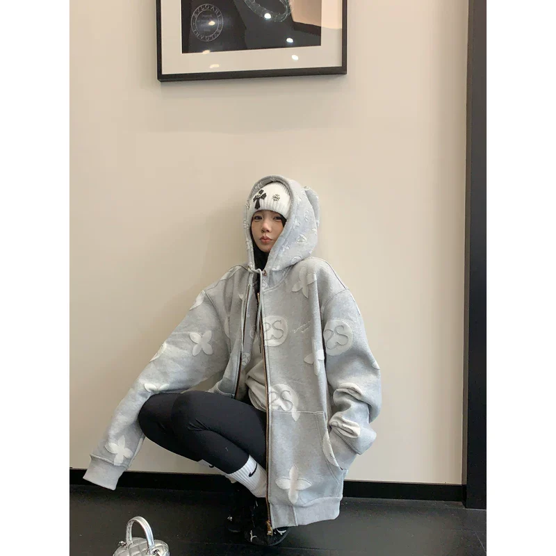 Embroidery Oversized Hooded Zip Jacket - Image 3