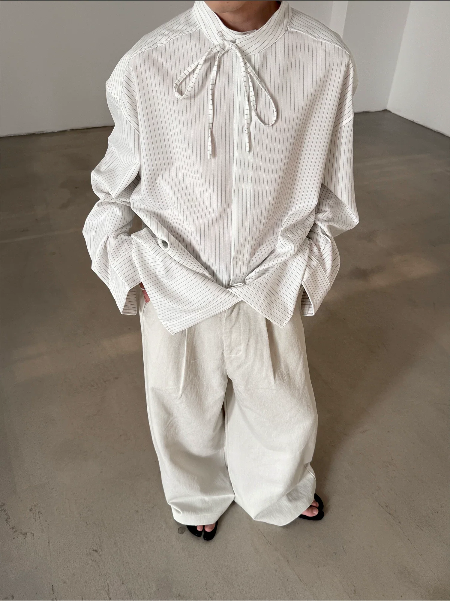 Striped Stand Collar Tie-Waist Shirt - Image 6