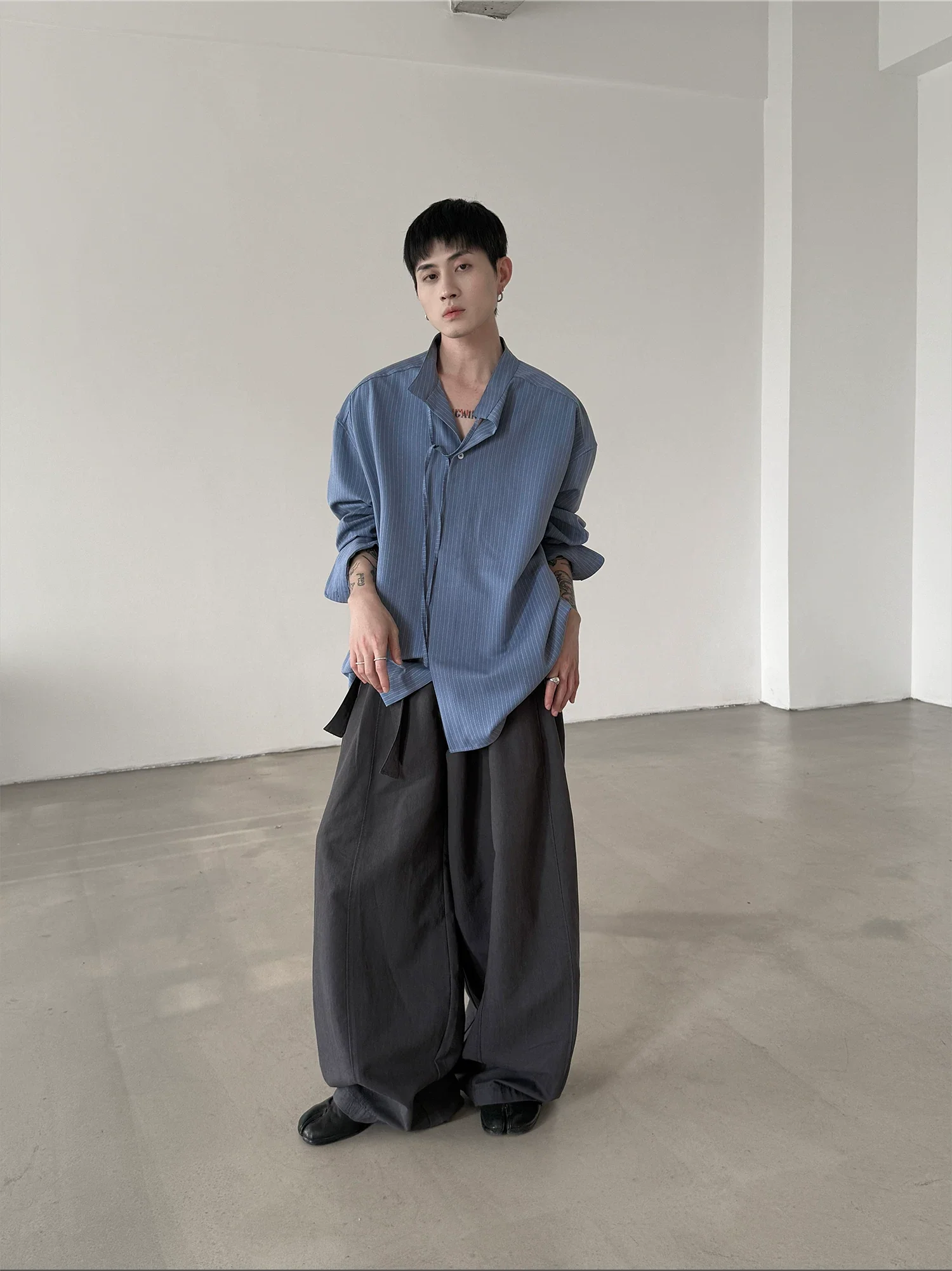 Striped Stand Collar Tie-Waist Shirt - Image 8