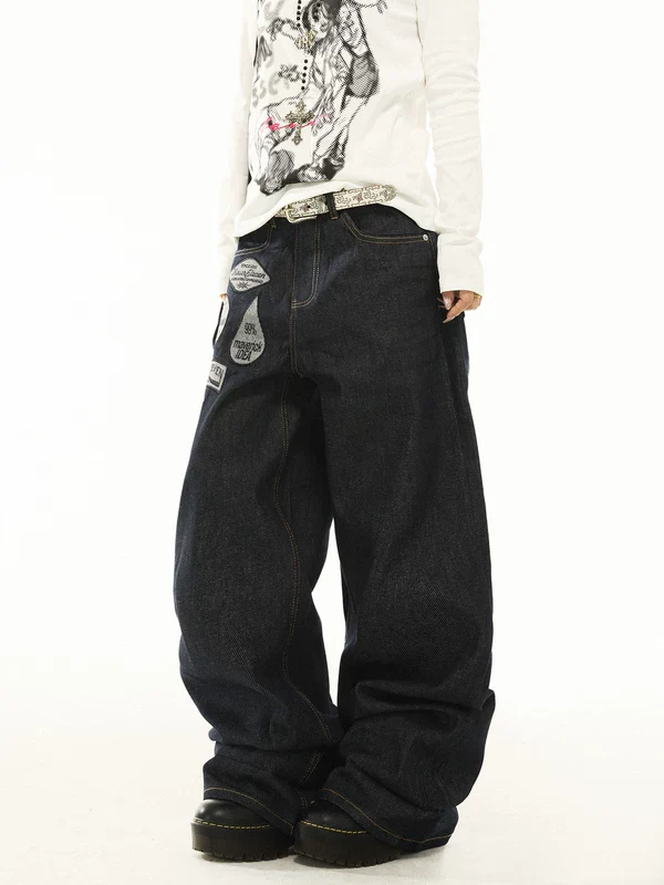 Patchwork Badge Wide Leg Denim Pants - Image 3
