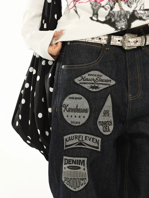 Patchwork Badge Wide Leg Denim Pants - Image 5