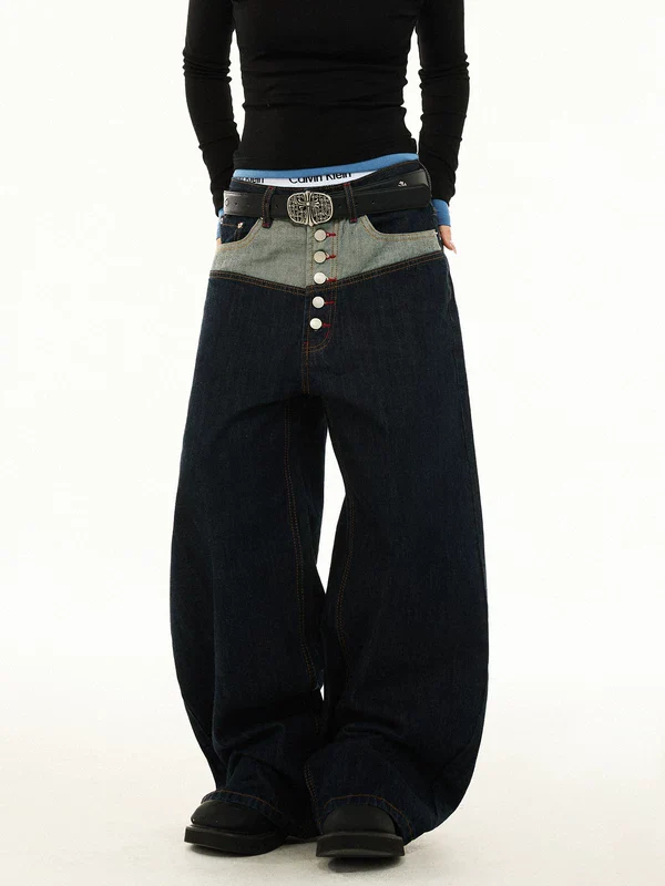 Patchwork Button Fly Denim Pants - Image 4
