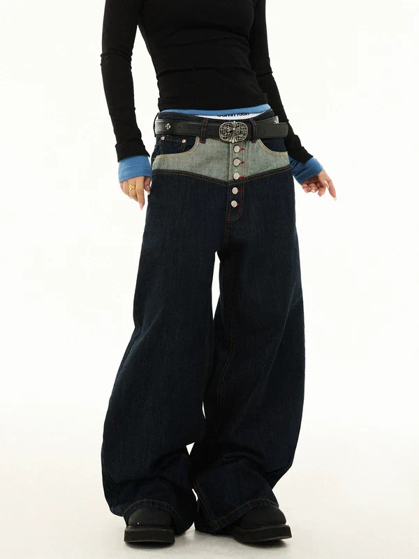 Patchwork Button Fly Denim Pants - Image 5