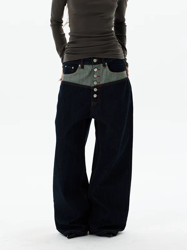 Patchwork Button Fly Wide Leg Jeans